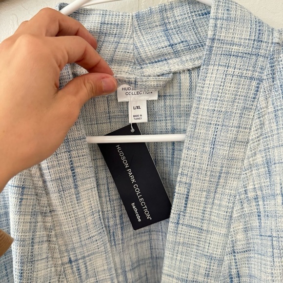 Hudson Park Collection Blue White Waffle Knit Midi Wrap Robe Size L/XL - Picture 5 of 7